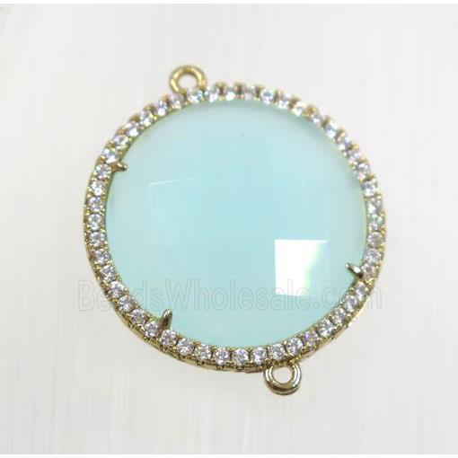 aqua crystal glass connector pave zircon, faceted flat round, gold plated