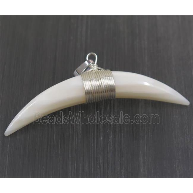white pearl shell horn pendant, silver wire wrapped