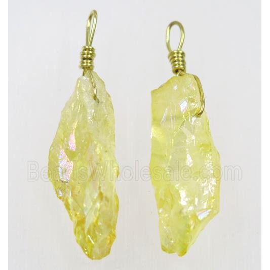 Yellow AB-color Quartz stick pendant, wire wrapped, dye