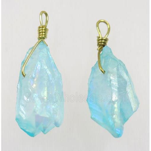 blue AB-color Quartz stick pendant, wire wrapped, dye