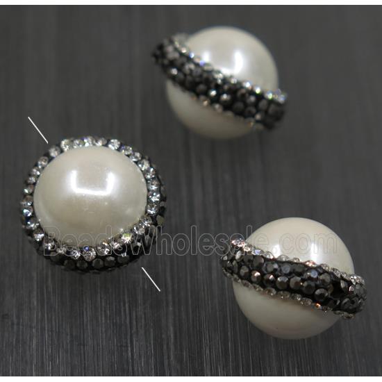 round pearlized shell beads paved rhinestone