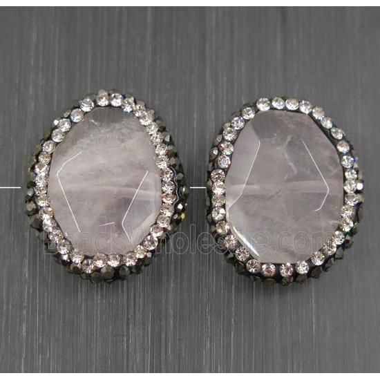 Rose Quartz beads paved rhinestone, faceted freeform
