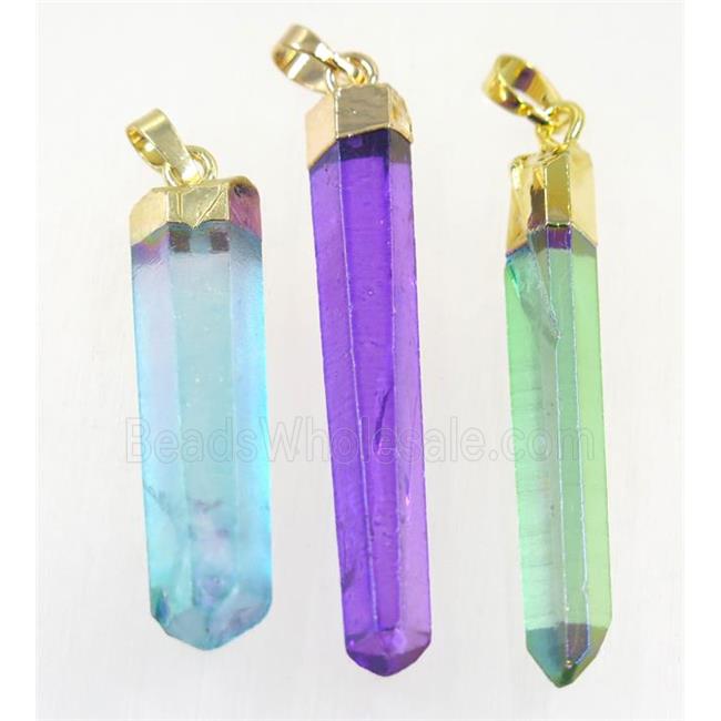 Clear Quartz stick pendant, mix color, gold plated