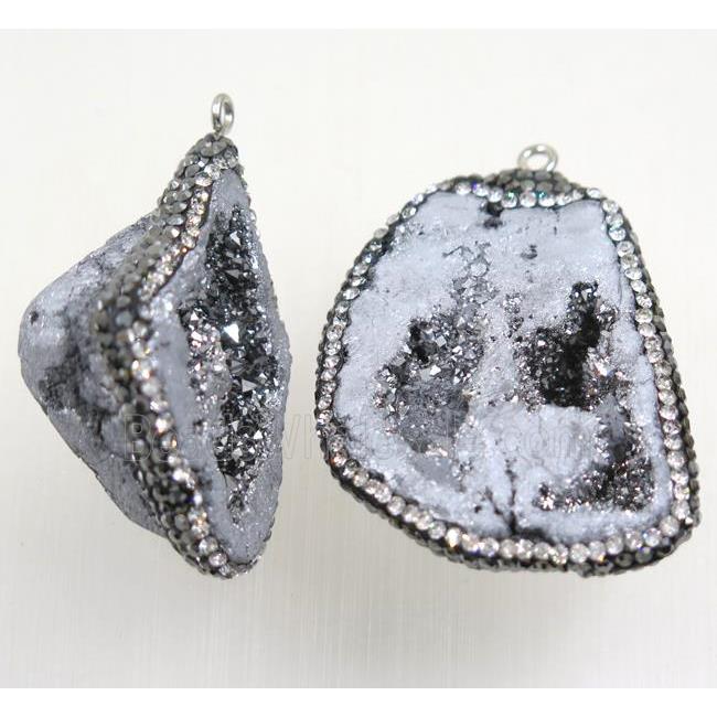silver Druzy Agate pendant pave rhinestone, freeform