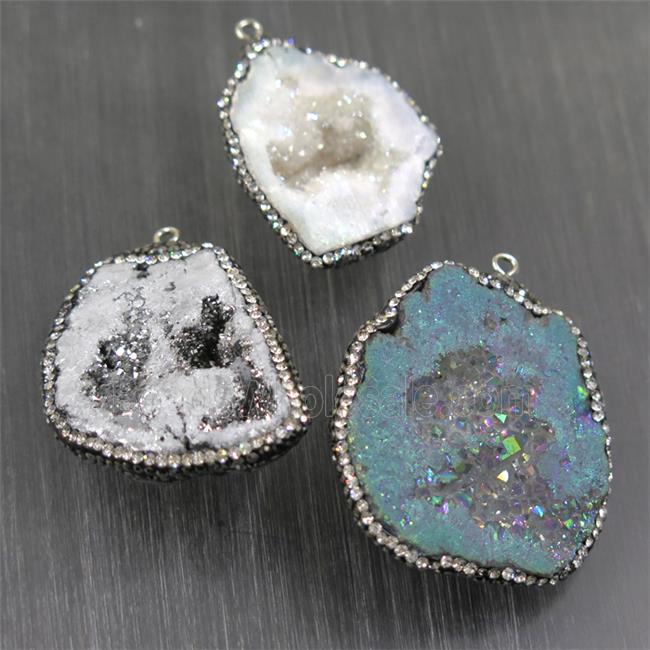 Druzy Agate pendant pave rhinestone, mix color, freeform
