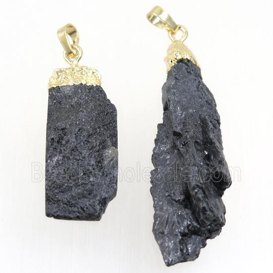 black Tourmaline pendant, freeform, gold plated