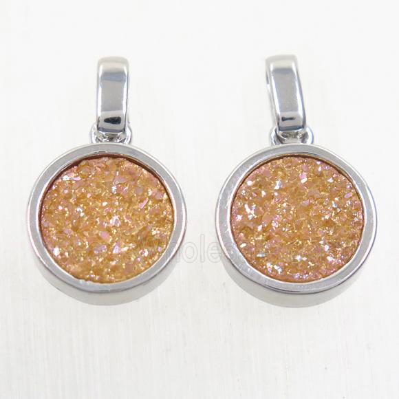 gold champagne Druzy Agate pendant, flat round, platinum plated