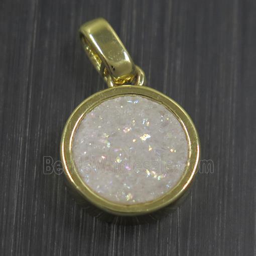 white AB-color Druzy Agate pendant, flat round, gold plated