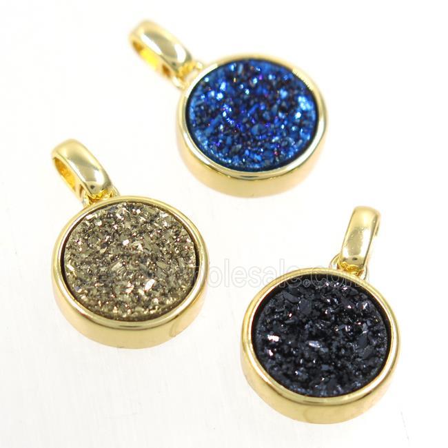Druzy Agate pendant, mix color, flat round, gold plated