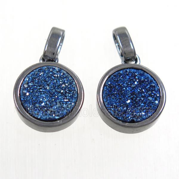 blue Druzy Agate pendant, flat round, black plated