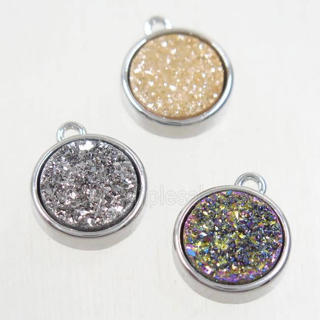 Druzy Agate pendant, mix color, flat round, platinum plated