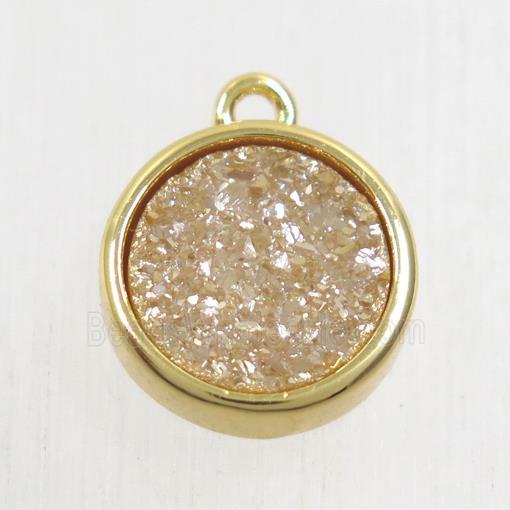 golden champagne Druzy Agate pendant, flat round, gold plated