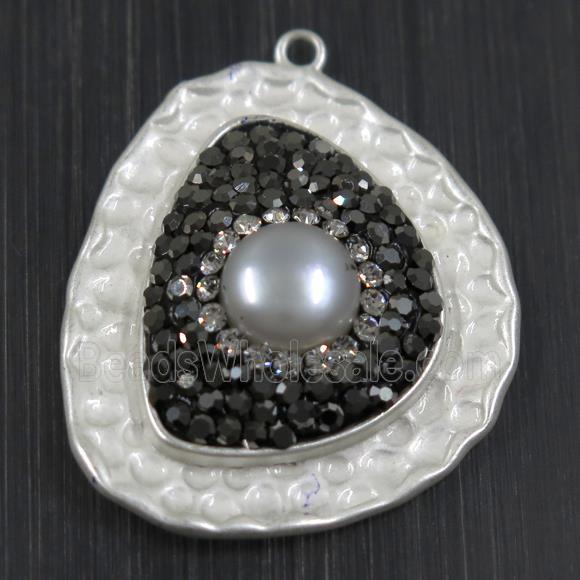 white Pearl pendant pave rhinestone, copper, duck silver plated