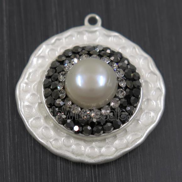 white Pearl pendant pave rhinestone, copper, flat round, duck silver plated