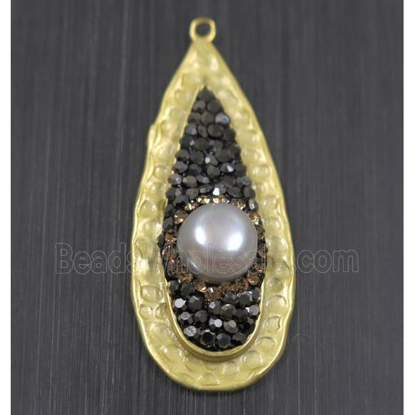 white Pearl pendant pave rhinestone, copper, teardrop, duck silver plated