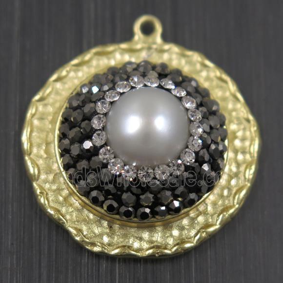 white Pearl pendant pave rhinestone, copper, flat round, duck silver plated