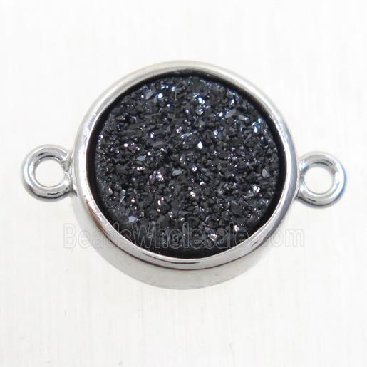 black Druzy Agate connector, flat round, platinum plated