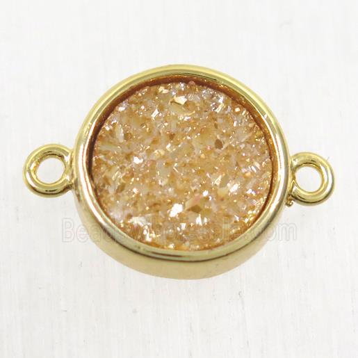 golden champagne Druzy Agate connector, flat round, gold plated