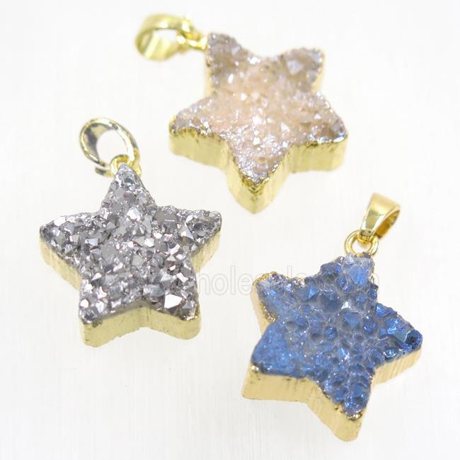 mixed color Druzy Quartz star pendant, gold plated
