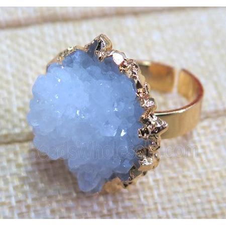 white clear quartz druzy ring, copper, gold plated