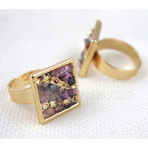 Fluorite ring, square, copper, gold plated