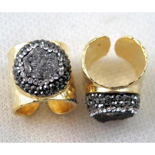 silver agate druzy Ring pave rhinestone, copper, gold plated