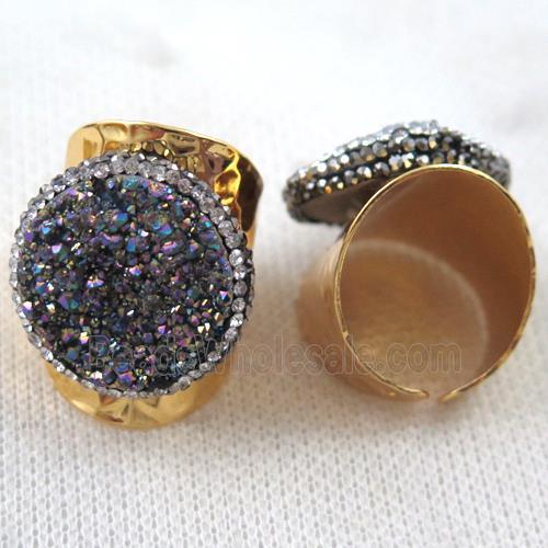 rainbow Agate druzy Ring paved rhinestone, copper, gold plated