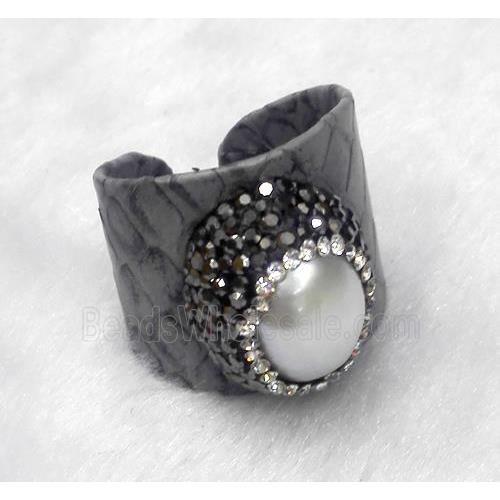 white freshwater pearl pave rhinestone, gray snakeskin alloy ring