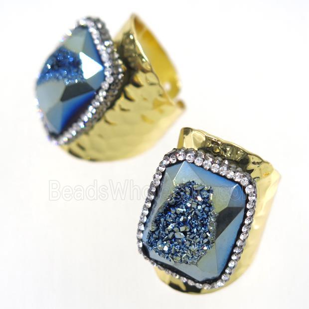 green Druzy Agate geode copper Ring pave rhinestone, gold plated