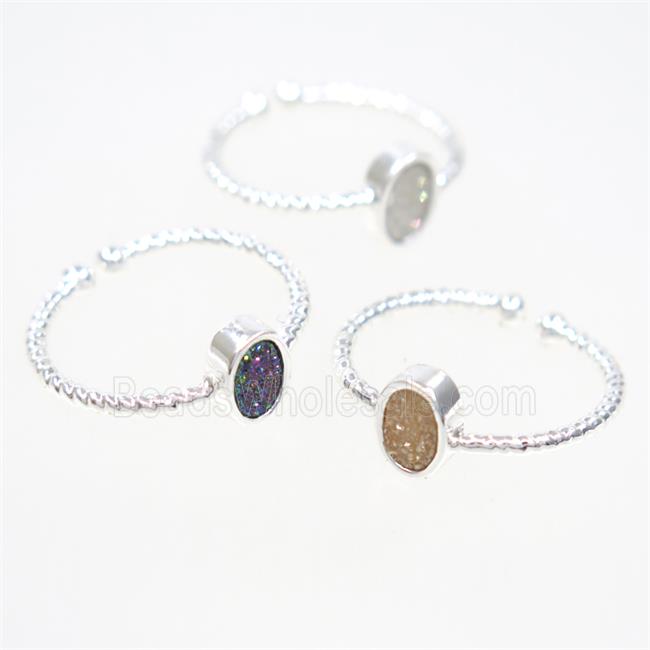 mix color druzy quartz ring, oval, silver plated