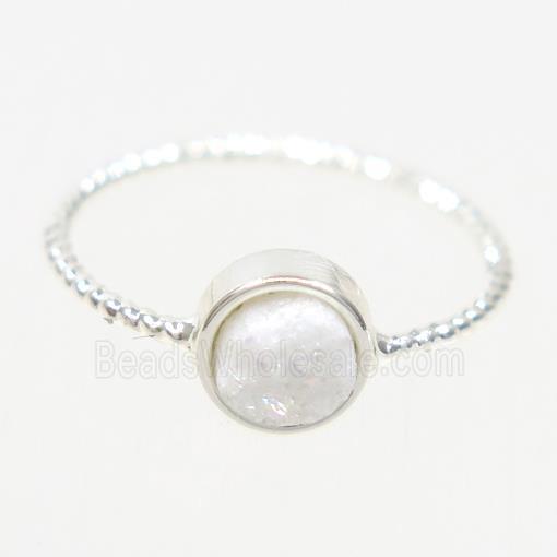 white ab-color druzy quartz ring, flat circle, silver plated