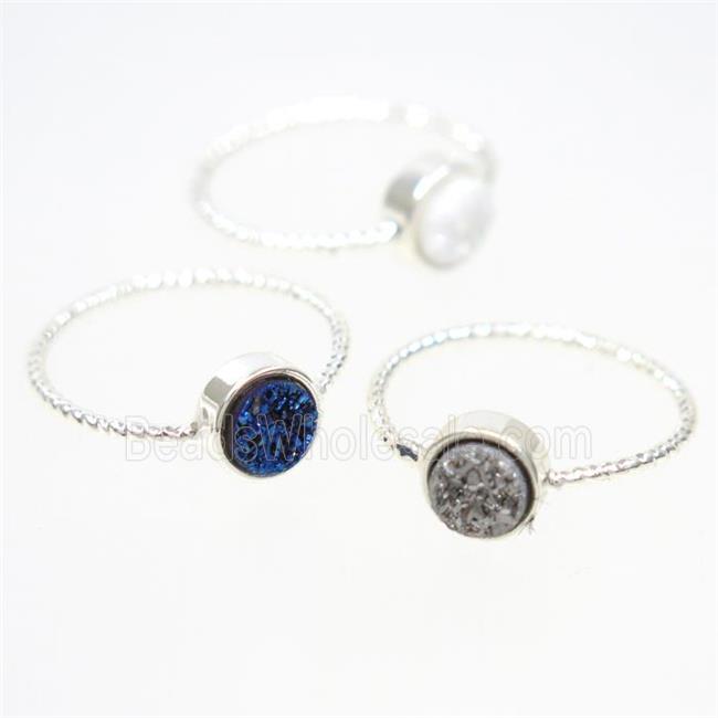 mix color druzy quartz ring, flat circle, silver plated