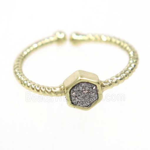 silver druzy quartz ring, hexagon, gold plated