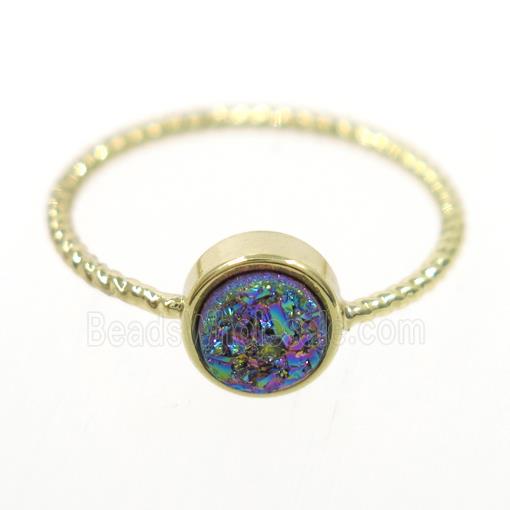 rainbow druzy quartz ring, circle, gold plated