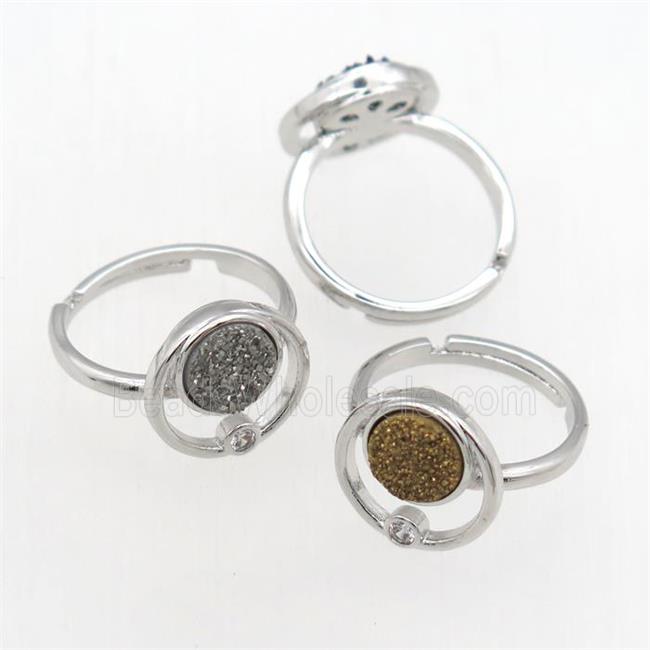 mixed Druzy Quartz Rings, copper, platinum plated