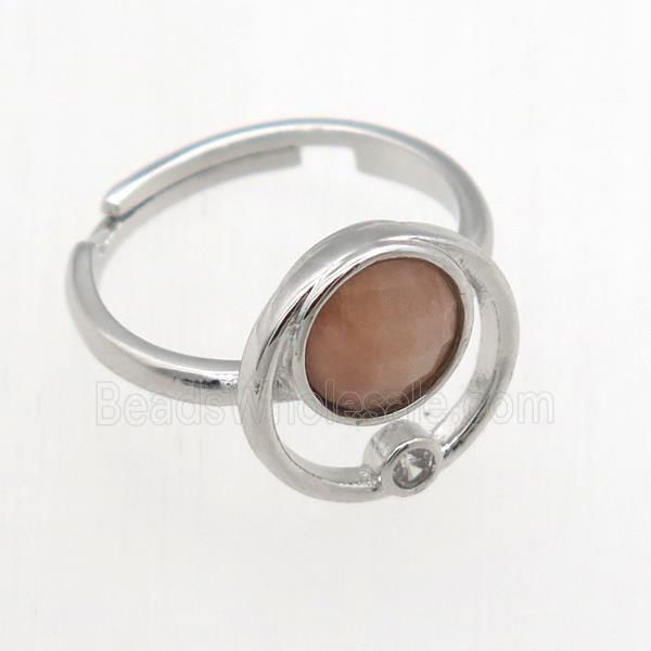 peach MoonStone Rings, copper, platinum plated
