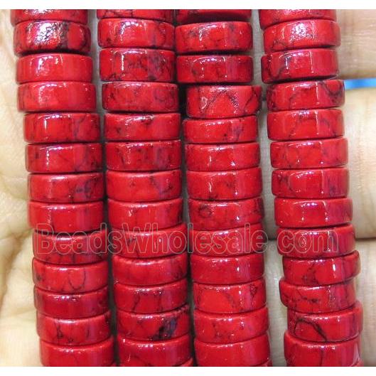 turquoise heishi beads, red, synthetic