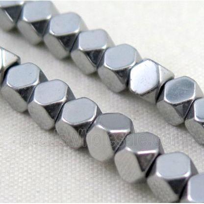 hematite beads, faceted round, silver electroplated