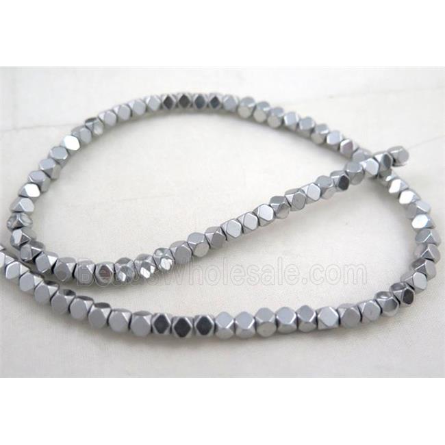 hematite beads, faceted round, silver electroplated