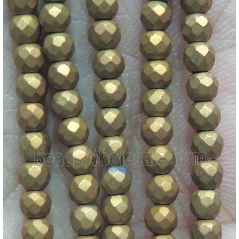 matte hematite beads, faceted round, gold electroplated