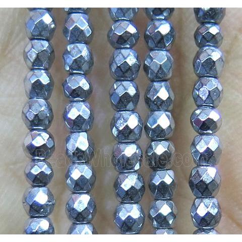 tiny hematite beads, faceted round, silver plated