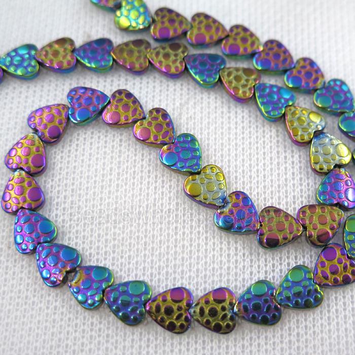 Hematite beads, matte heart, rainbow