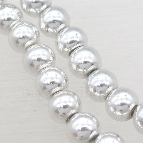 round Hematite Beads, shiny silver plated