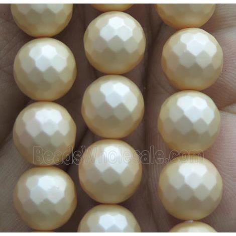 yellow matte pearlized shell beads, faceted round