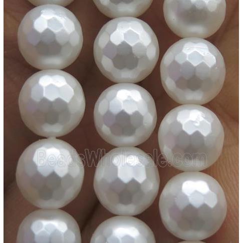 white matte pearlized shell beads, faceted round