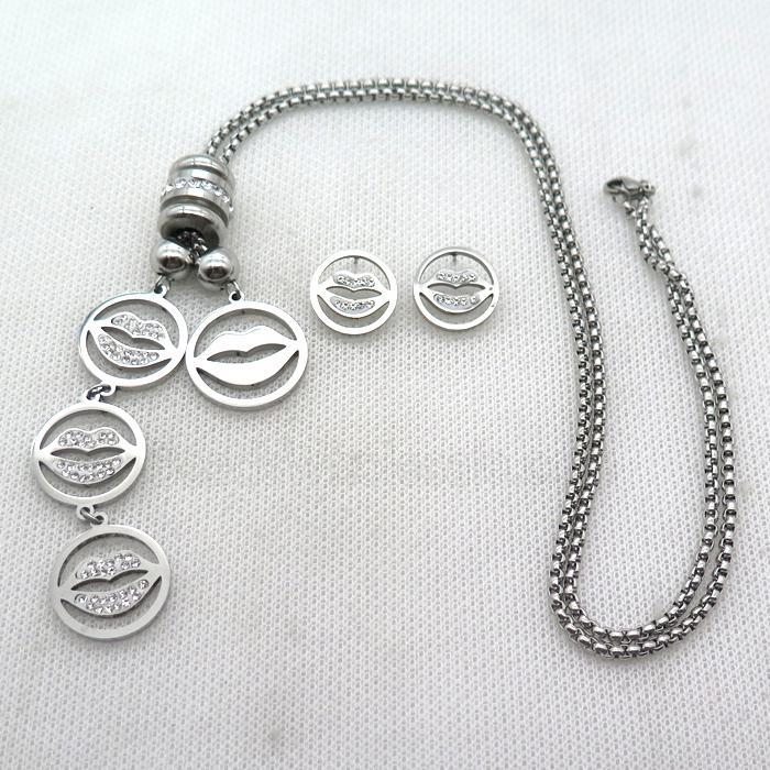 stainless steel necklace and earring, lip, platinum plated