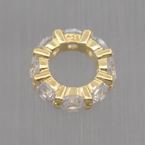 Sterling Silver beads paved zircon, rondelle, gold plated