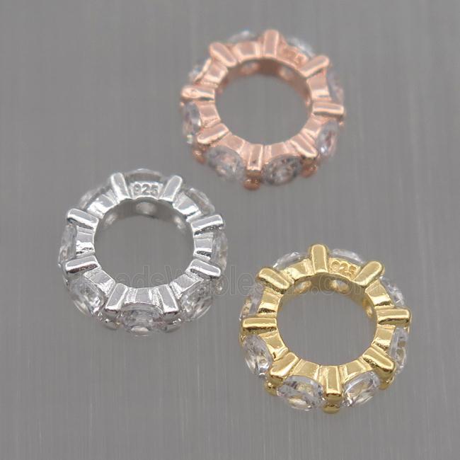 Sterling Silver beads paved zircon, rondelle, mixed color