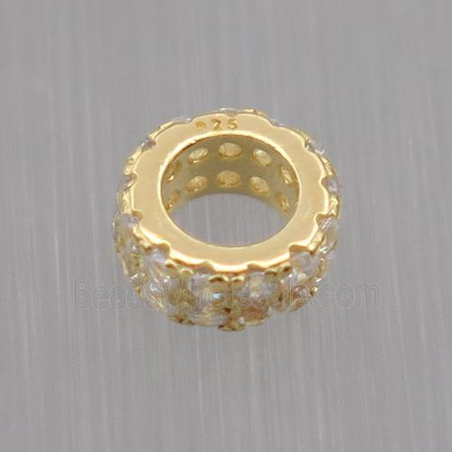 Sterling Silver beads paved zircon, rondelle, gold plated