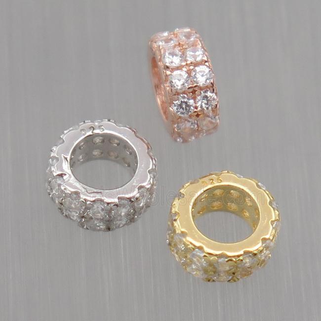 European style Sterling Silver beads paved zircon, rondelle, mixed color